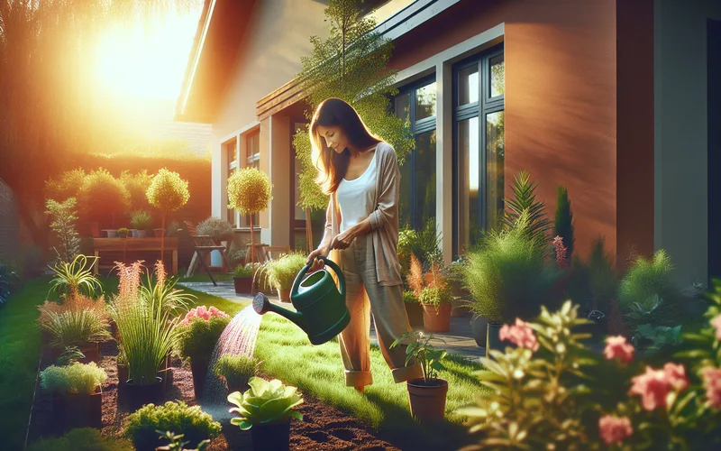 Personne arrosant des plantes dans un jardin ensoleill&eacute;, cr&eacute;er son havre de paix