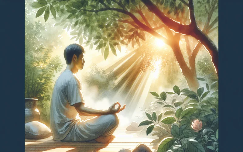 Personne pratiquant des exercices de respiration dans un jardin ensoleill&eacute;, calme et pleine conscience