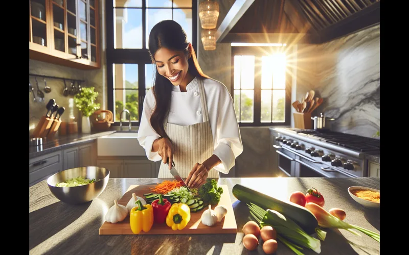 Personne préparant joyeusement un repas sain et coloré dans une cuisine ensoleillée