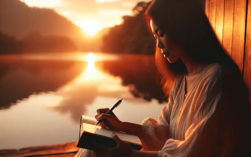 Personne assise paisiblement au bord d'un lac à l'heure dorée, journal de gratitude