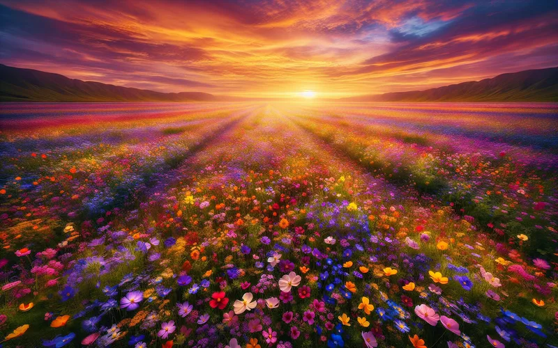 Champ de fleurs sauvages s'étendant jusqu'à l'horizon sous un coucher de soleil chaleureux