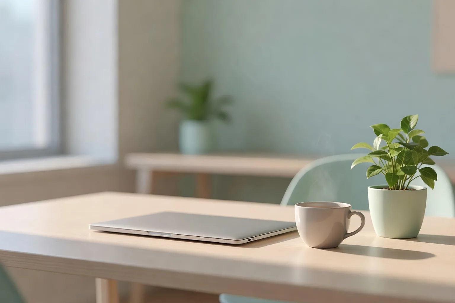 Bureau vide avec ordinateur fermé et tasse de café, ambiance de pause et de convalescence