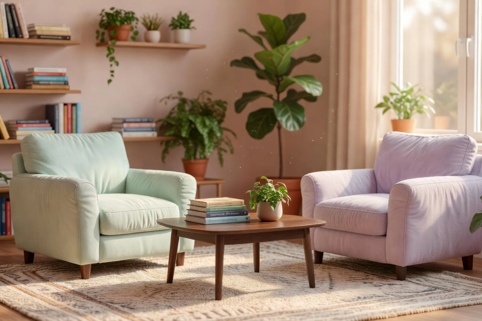 Cabinet de thérapeute chaleureux avec deux fauteuils, plantes et lumière naturelle d'après-midi
