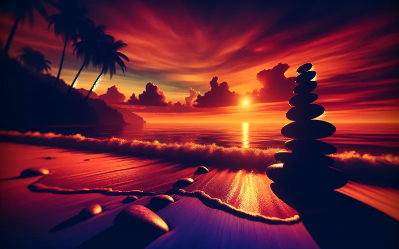 Pierres en équilibre sur une plage paisible au coucher du soleil, harmonie intérieure