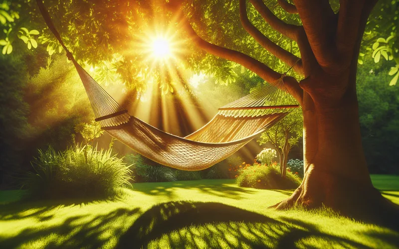 Hamac entre deux arbres dans un jardin paisible baigné de lumière chaude, repos et récupération