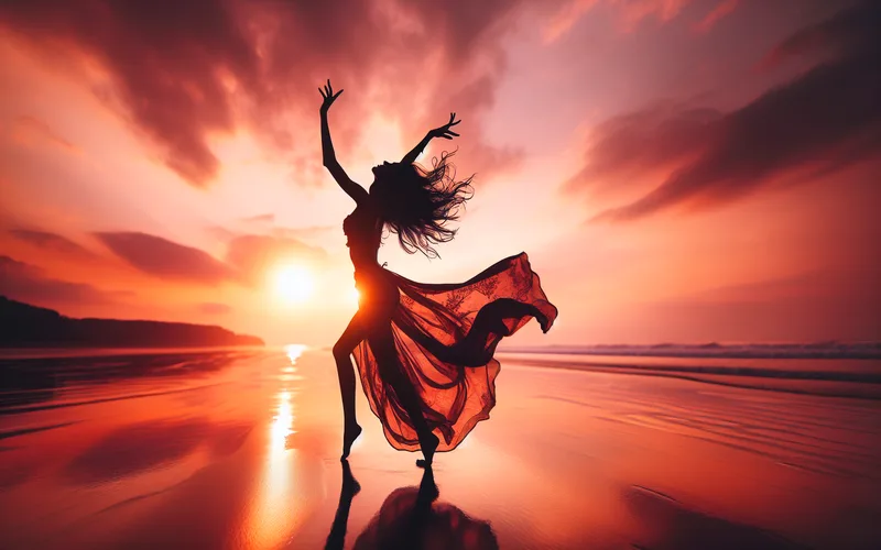 Silhouette dansant librement au coucher du soleil sur une plage