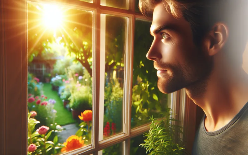 Personne regardant par la fen&ecirc;tre un jardin ensoleill&eacute;, espoir et nouvelles possibilit&eacute;s