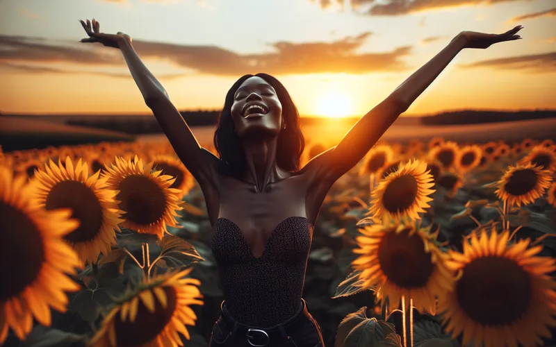 Personne bras ouverts dans un champ de tournesols au coucher du soleil, liberté et joie
