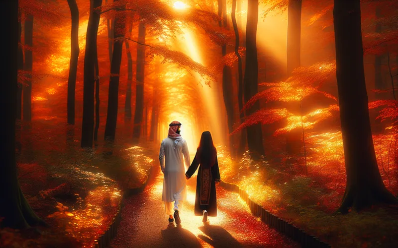 Couple marchant main dans la main sur un chemin forestier en automne, lumi&egrave;re dor&eacute;e, harmonie