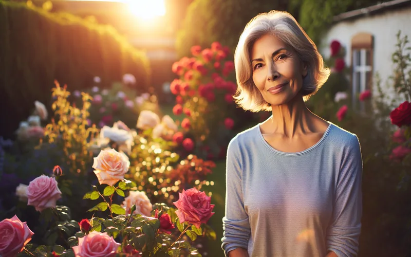 Femme épanouie dans un jardin ensoleillé entourée de roses en fleurs, renouveau et sérénité