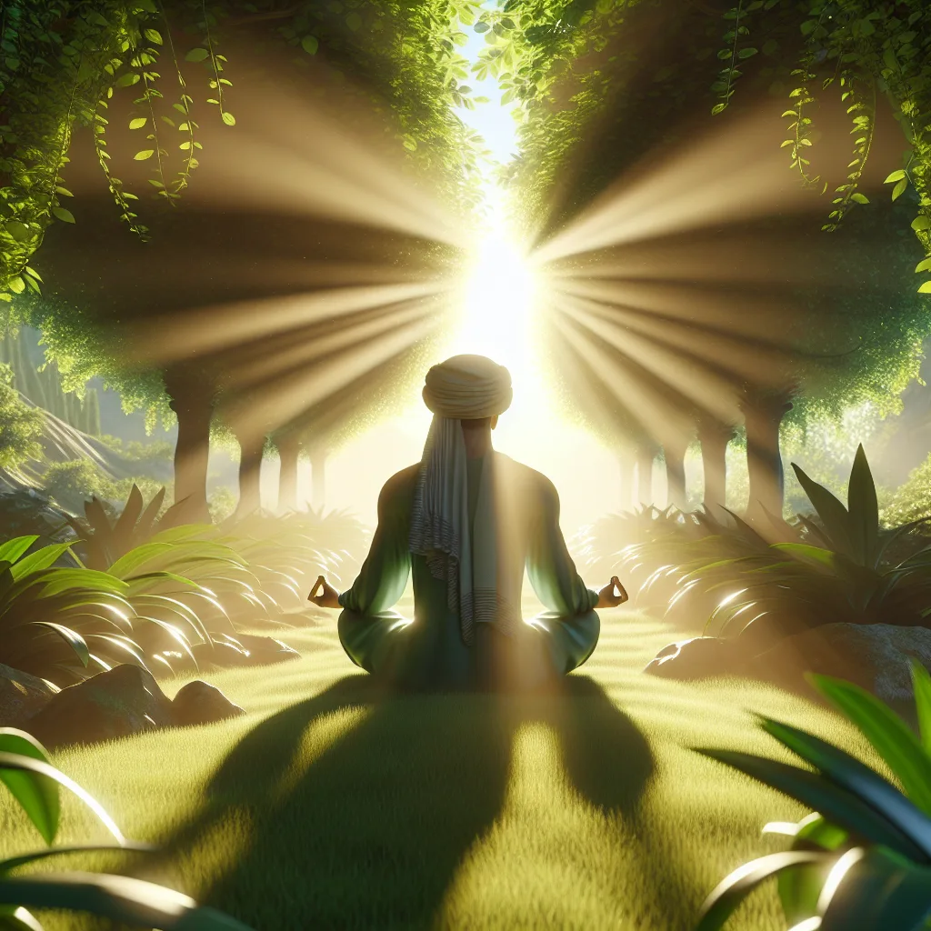 Personne méditant dans un jardin verdoyant au lever du soleil, symbolisant la paix intérieure retrouvée