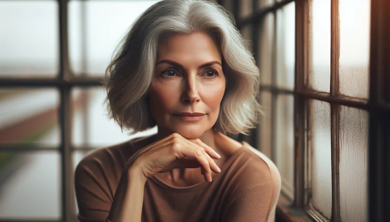 Crise de la soixantaine chez la femme : femme de 60 ans pensive regardant par la fenêtre, en pleine réflexion sur son avenir