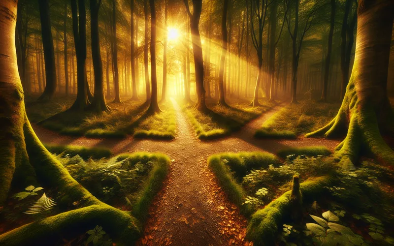 Crois&eacute;e des chemins dans une for&ecirc;t enchant&eacute;e baign&eacute;e de lumi&egrave;re dor&eacute;e, symbolisant les choix de la trentaine