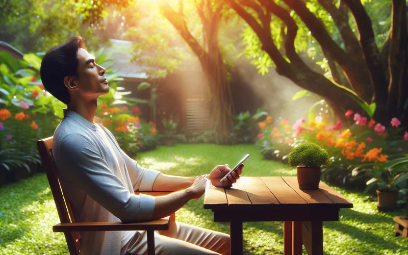 Personne posant son téléphone dans un jardin paisible et ensoleillé, déconnexion et guérison