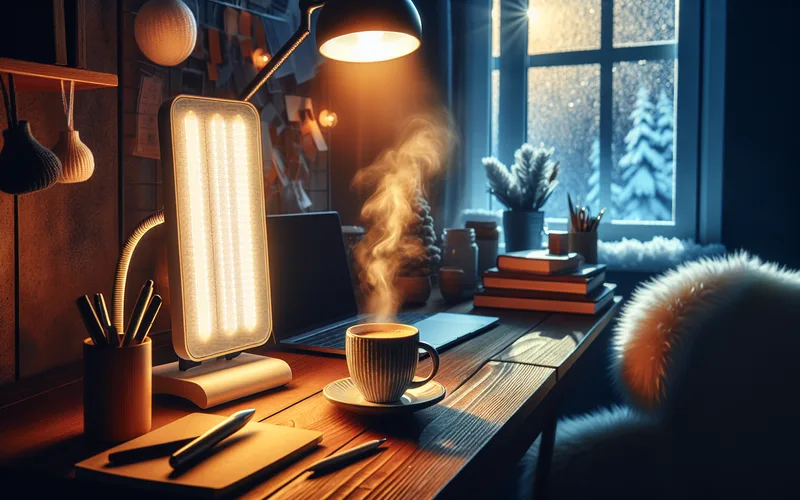 Dépression saisonnière : lampe de luminothérapie éclairant un intérieur en hiver