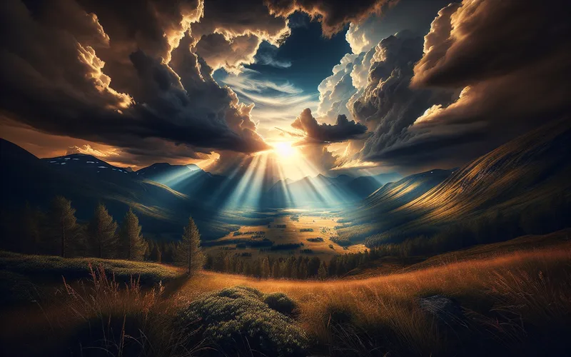 Rayons de soleil per&ccedil;ant les nuages orageux au-dessus d'un paysage paisible, espoir apr&egrave;s la difficult&eacute;