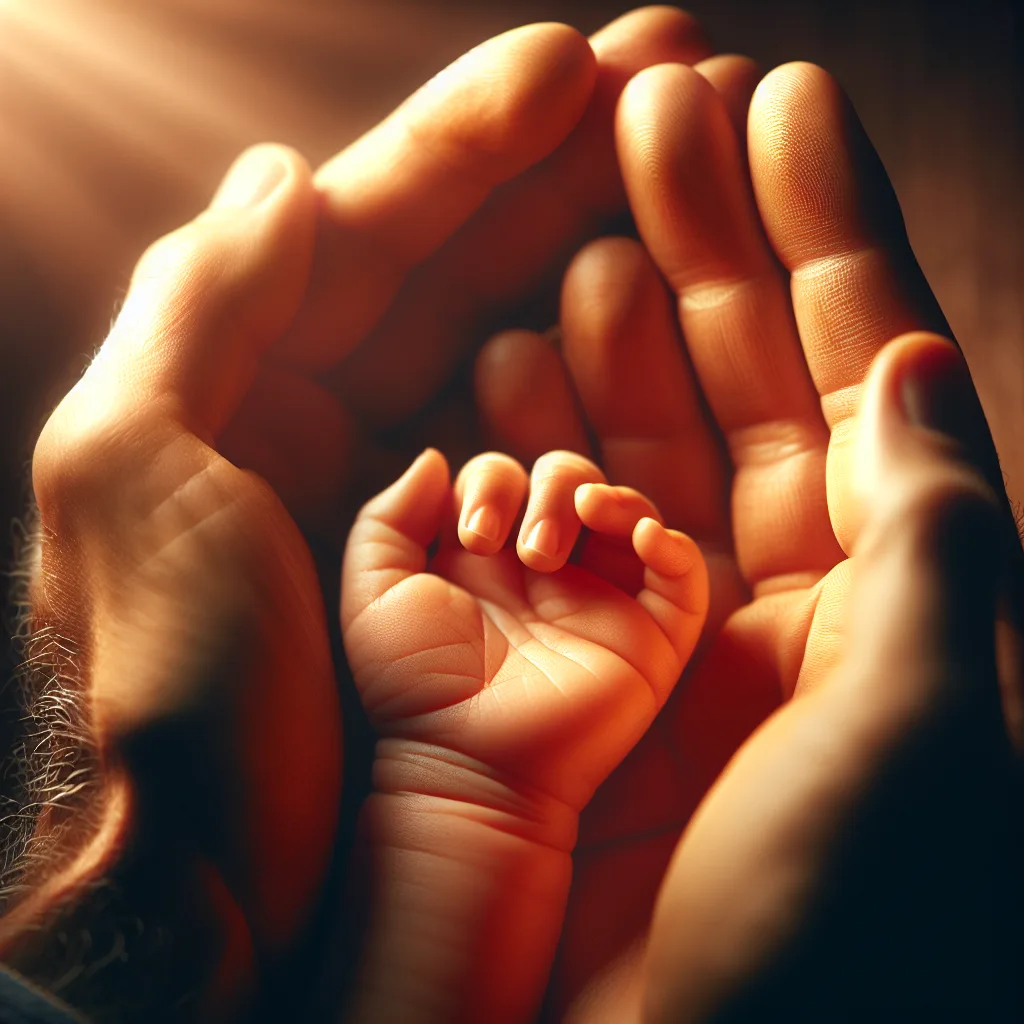 Main d'adulte tenant délicatement une petite main de bébé, symbolisant le lien et l'espoir