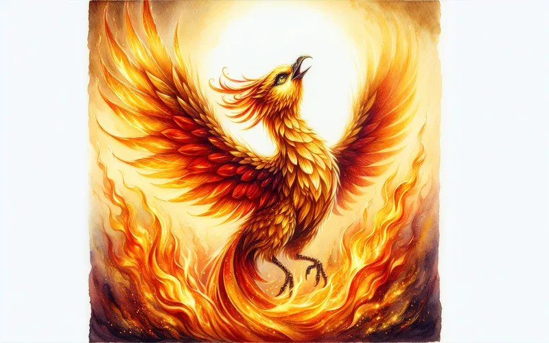 Phénix doré renaissant de flammes, symbole de renaissance