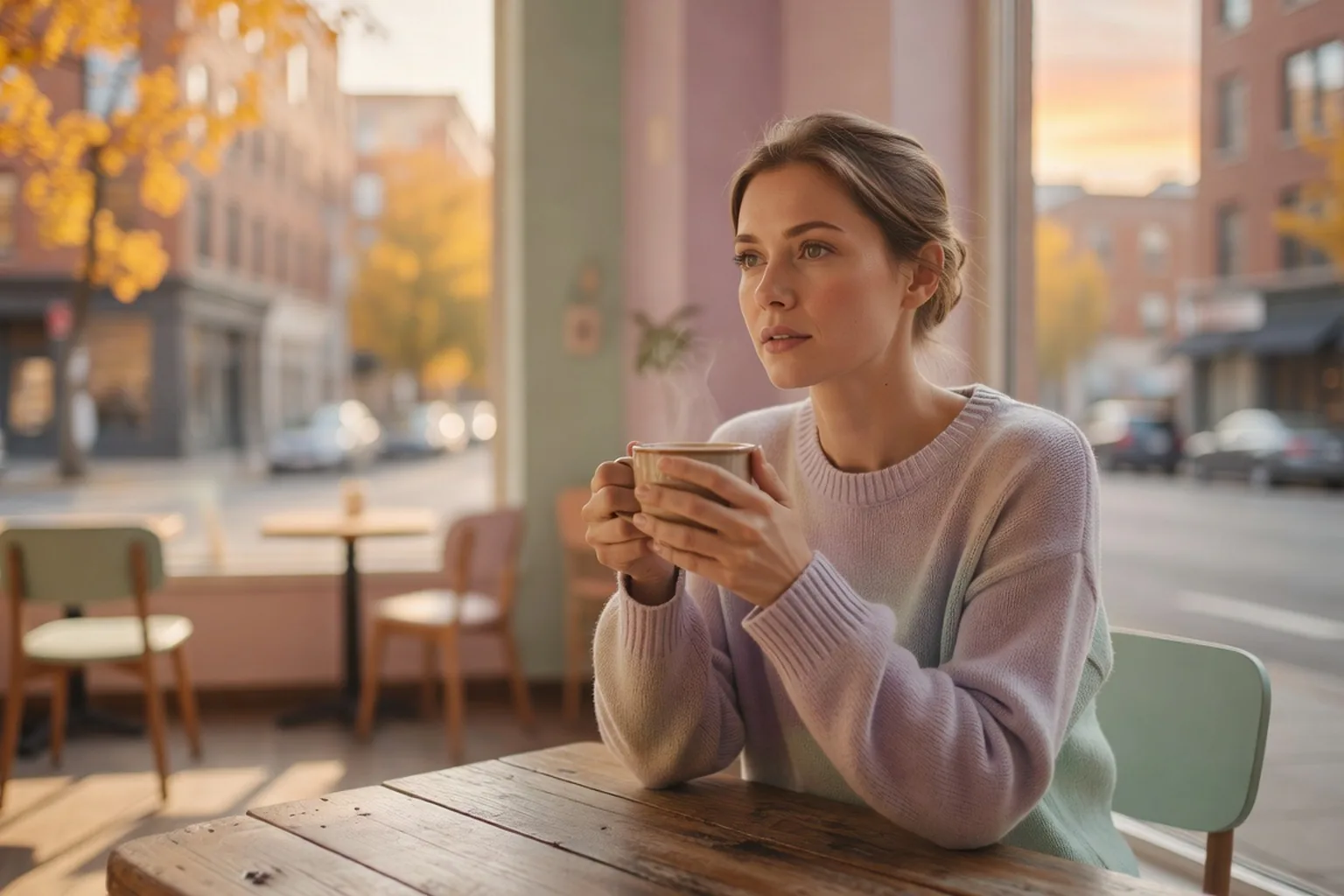Femme dans la trentaine au caf&eacute; le matin