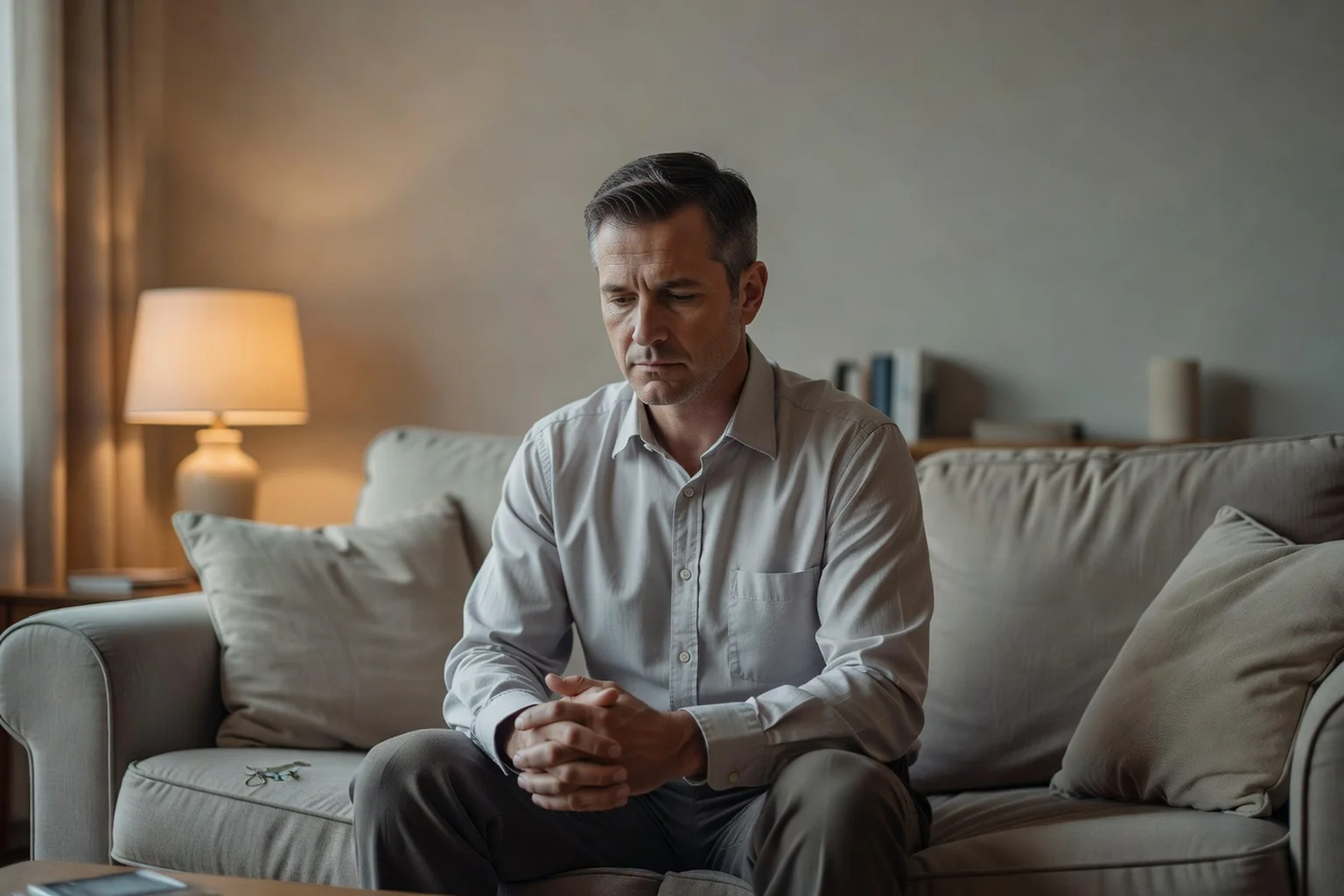 Homme adulte assis seul sur son canapé le soir, mains jointes et regard baissé, exprimant une tristesse discrète