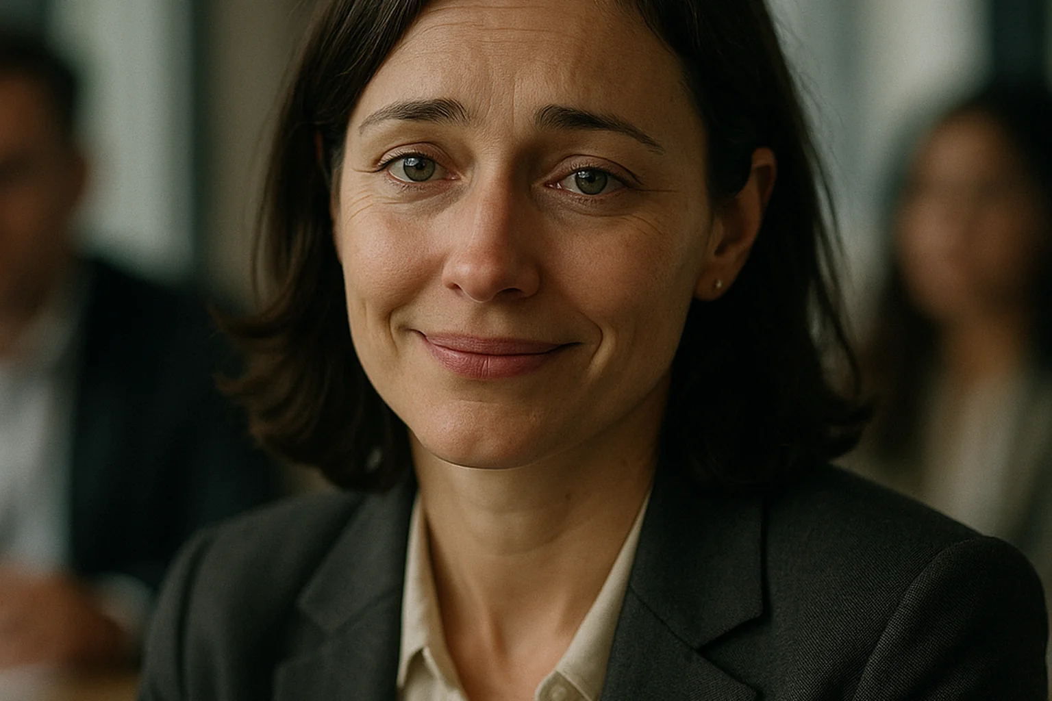 Professionnelle souriante dont le regard trahit une tristesse cachée, symbole de la dépression masquée