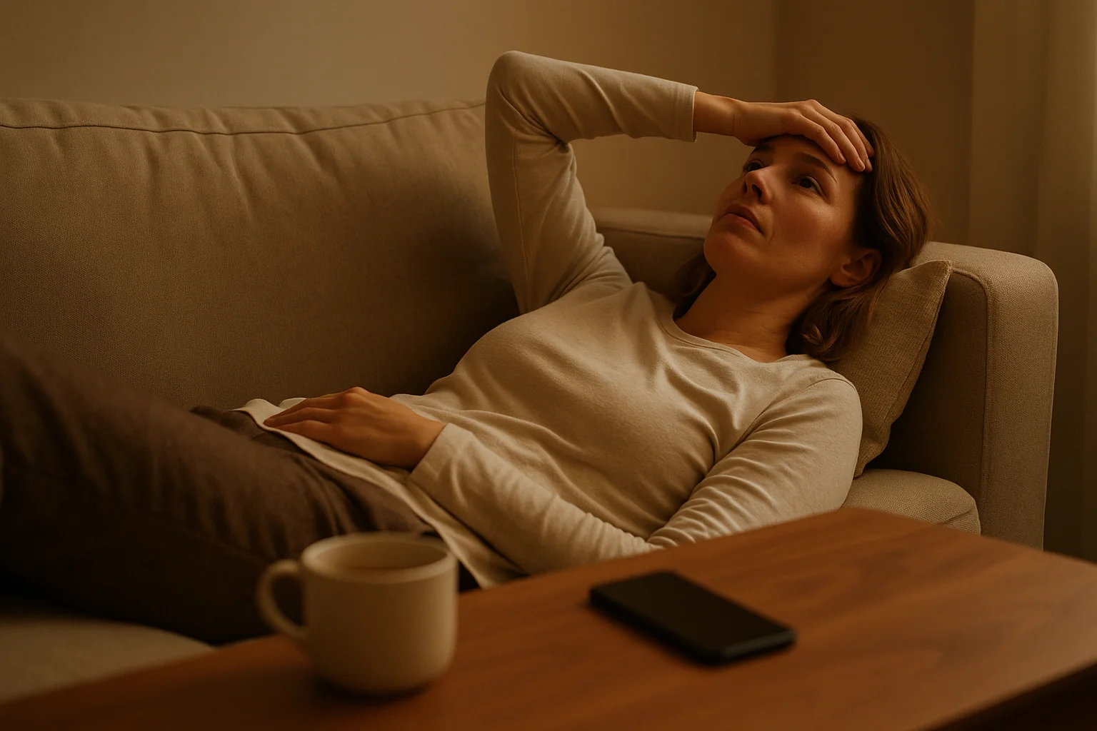 Femme épuisée sur son canapé en fin de journée, interpellée par une fatigue qui ne passe pas