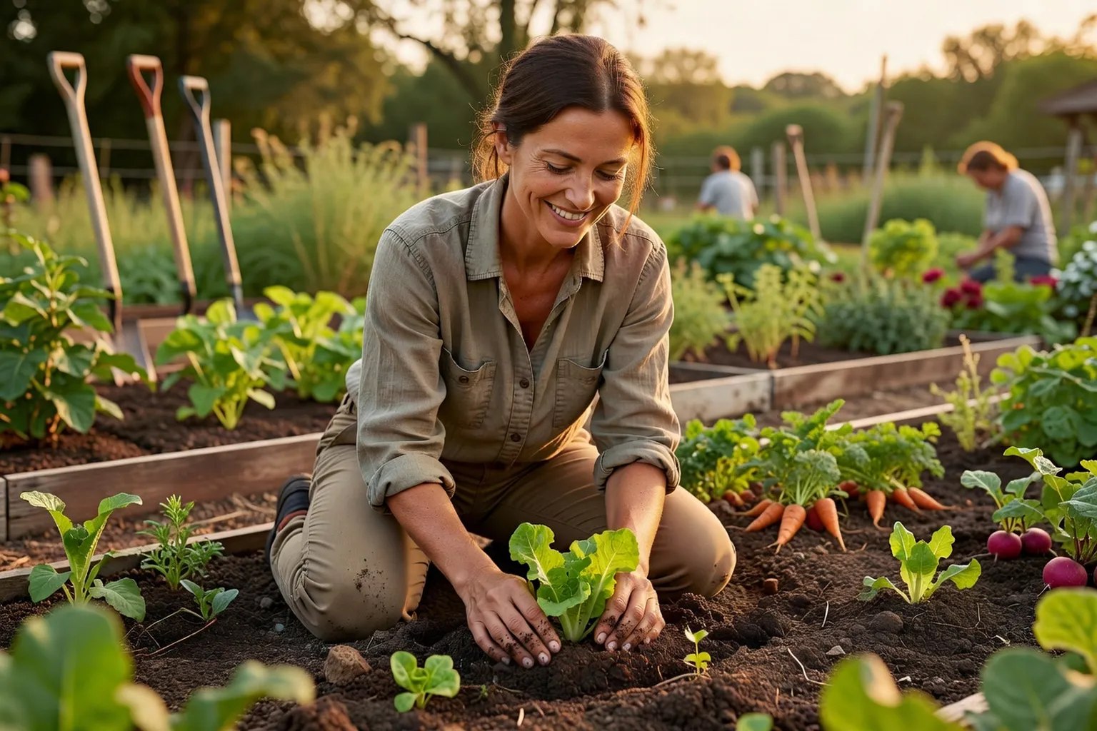 Femme souriante agenouillée dans un jardin potager, les mains dans la terre
