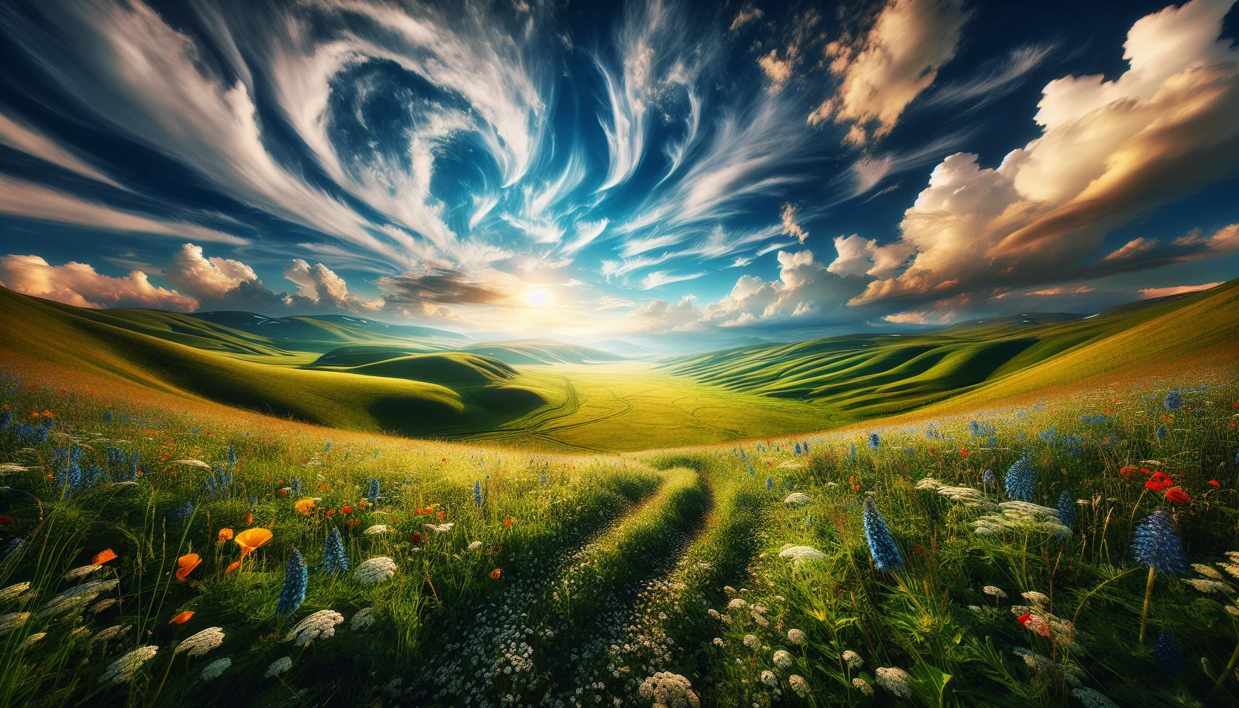 Prairie verdoyante sous un ciel bleu avec lumi&egrave;re dor&eacute;e du soleil, chemin vers l'horizon