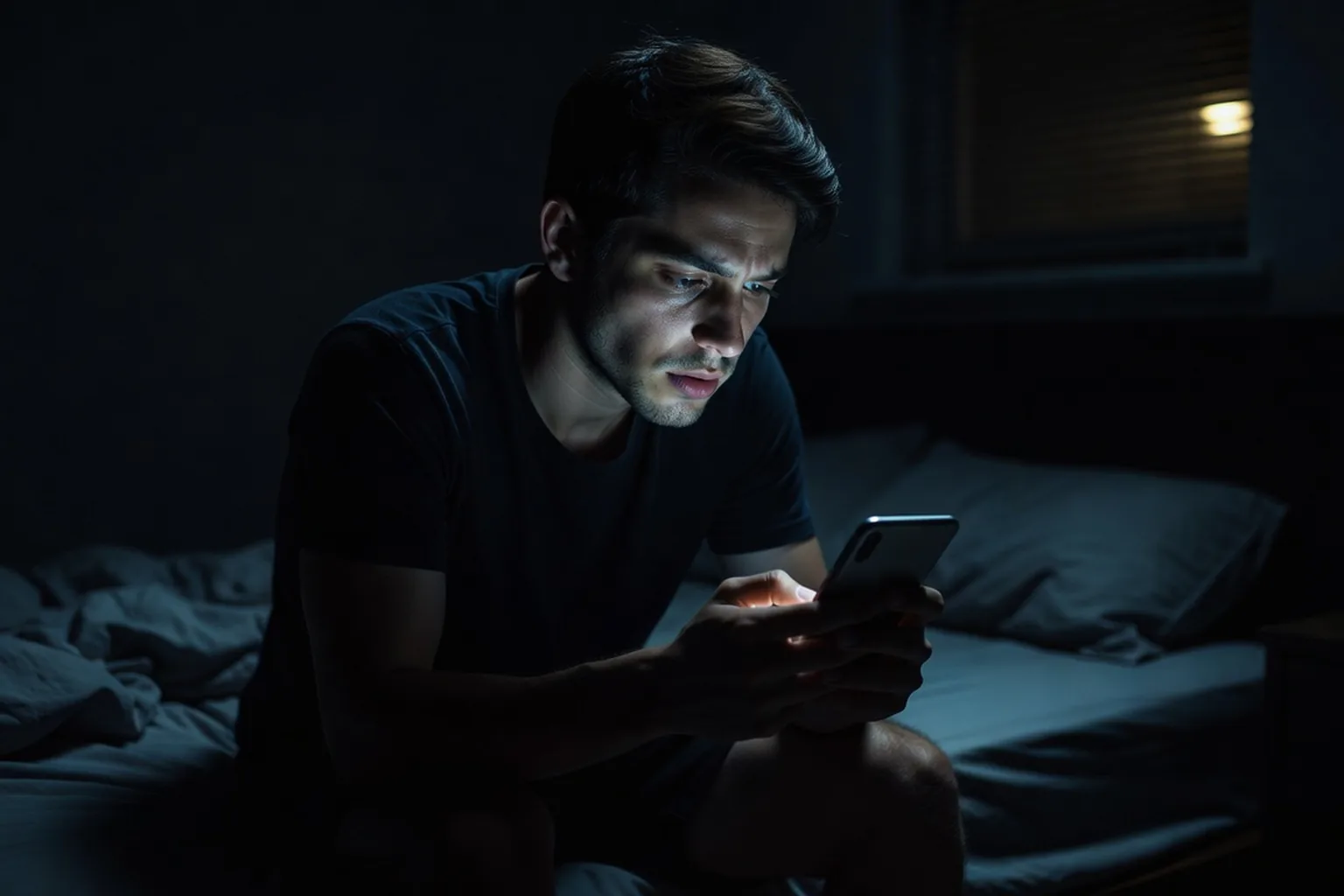 Jeune adulte regardant son téléphone dans la pénombre, expression pensive et fatiguée