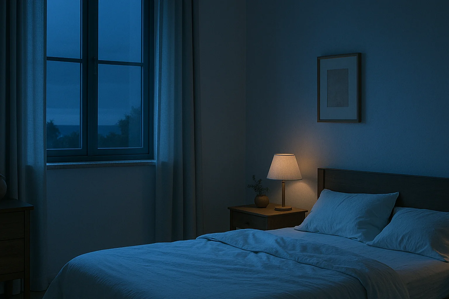 Chambre paisible au crépuscule, lit confortable, ambiance propice au sommeil réparateur
