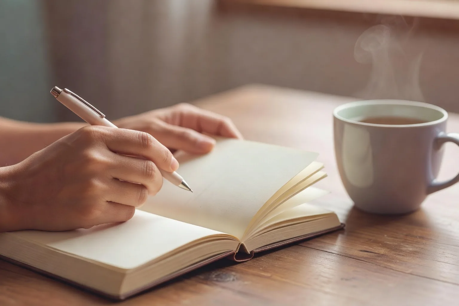 Carnet et stylo sur table en bois