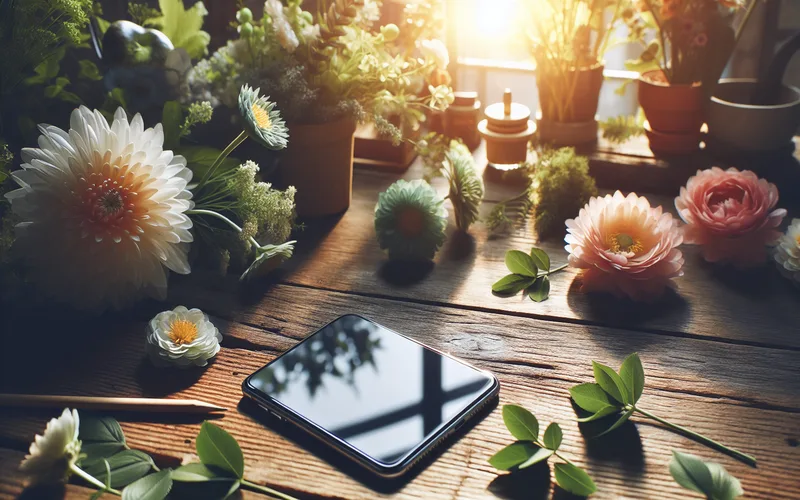 Smartphone posé à côté de fleurs et de lumière naturelle, détox numérique et santé mentale
