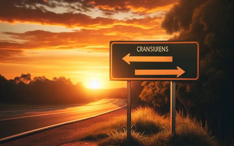 Panneau routier vers de nouvelles directions sous un coucher de soleil