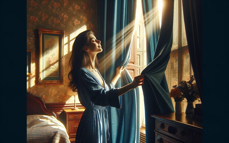 Personne ouvrant les rideaux sur une lumière vive et chaude, transition de l'ombre à la lumière
