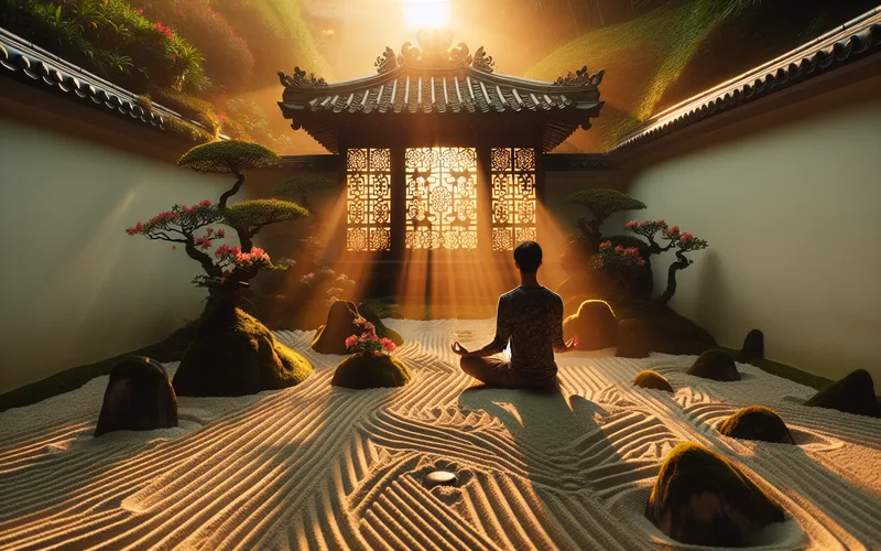 Personne m&eacute;ditant paisiblement dans un jardin zen au lever du soleil, lumi&egrave;re dor&eacute;e et tranquillit&eacute;
