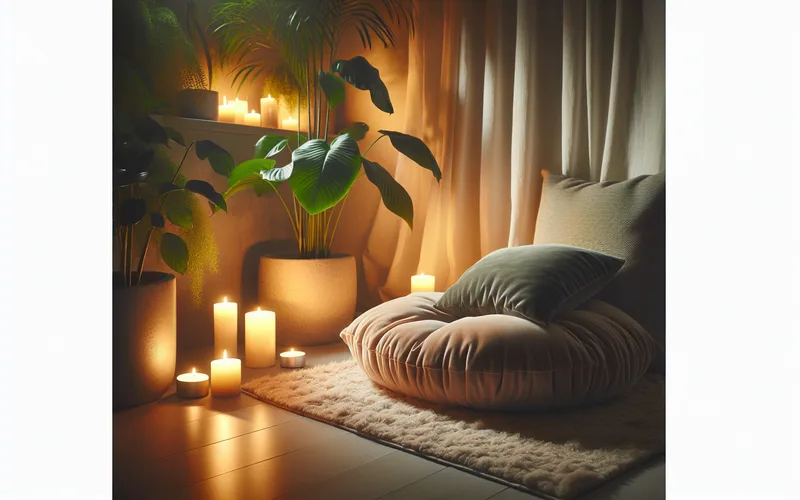 Coin méditation cosy avec coussin, bougies et plantes, lumière douce et apaisante