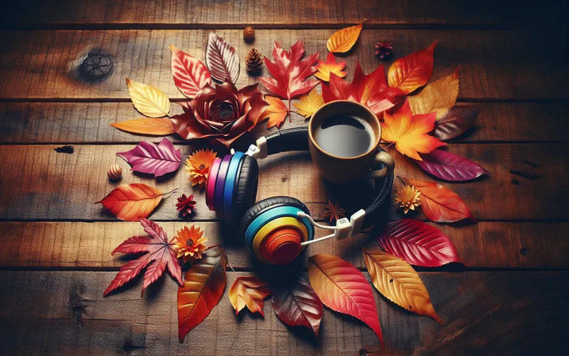 Casque audio color&eacute; sur une table en bois avec feuilles d'automne et caf&eacute; chaud, ambiance cozy