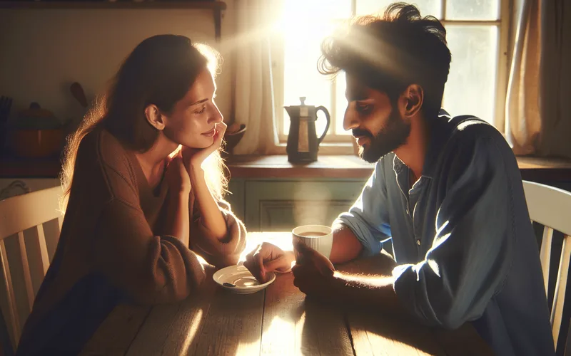 Tasse de café partagée à une table de cuisine dans la lumière du matin, conversation bienveillante
