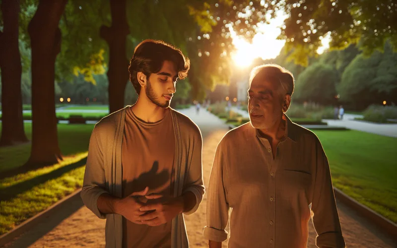 Enfant adulte et père marchant ensemble dans un parc à l'heure dorée, moment de lien