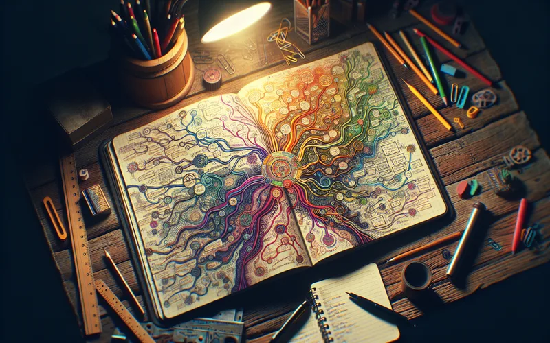 Carnet avec carte mentale colorée, planification et réinvention