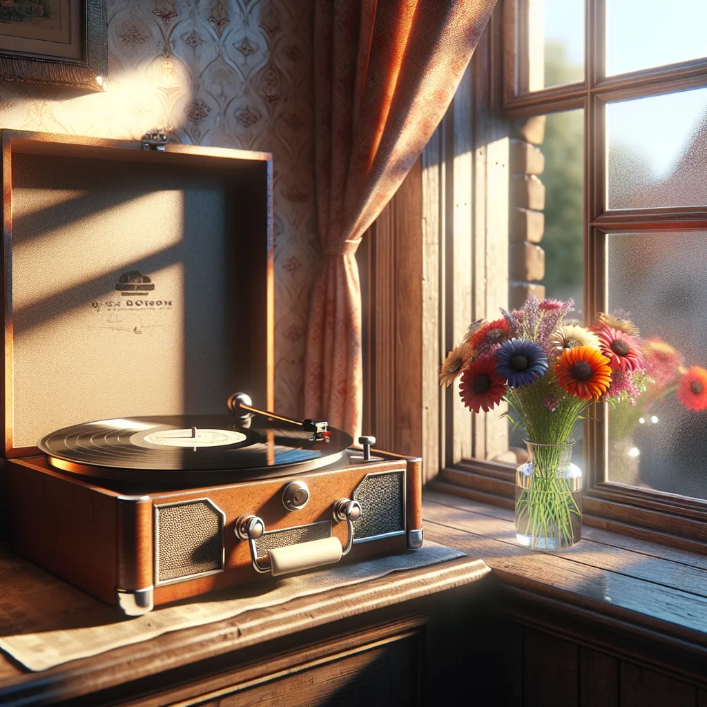 Tourne-disque vintage baigné de lumière chaude près d'une fenêtre, atmosphère cosy et nostalgique