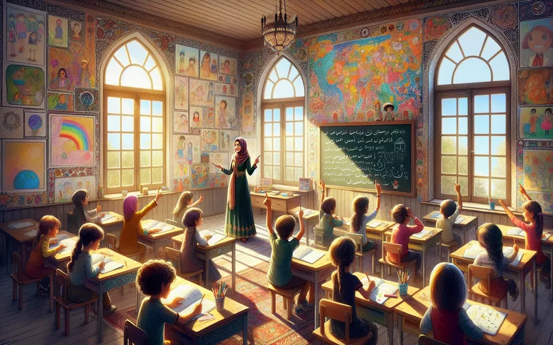 Salle de classe chaleureuse avec lumi&egrave;re du soleil, dessins color&eacute;s aux murs, enseigner avec passion