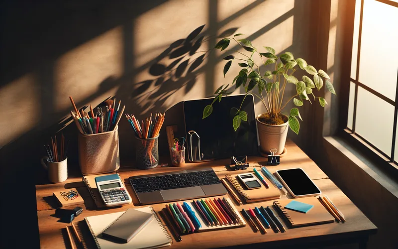 Bureau organisé avec fournitures scolaires et lumière matinale