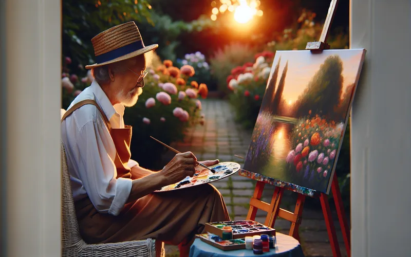 Retrait&eacute; peignant en plein air dans un beau jardin &agrave; l'heure dor&eacute;e, &eacute;panouissement cr&eacute;atif