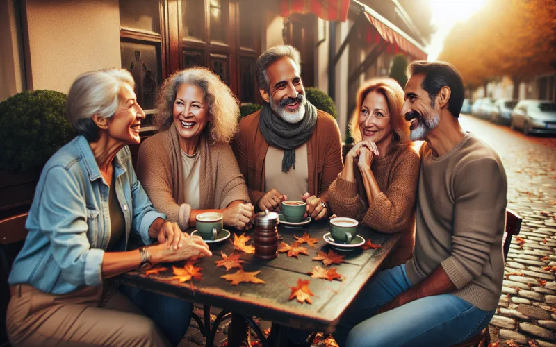 Groupe d'adultes riant ensemble &agrave; une terrasse de caf&eacute;, lumi&egrave;re d'automne, amiti&eacute;