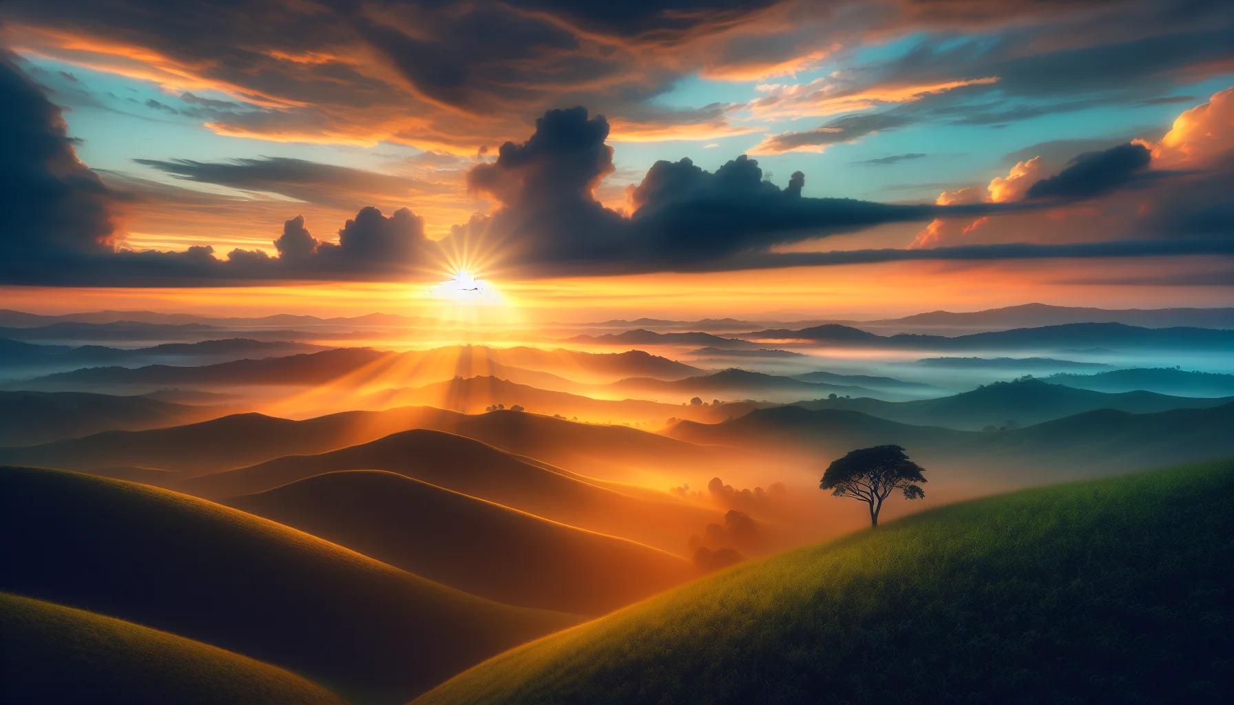 Lever de soleil sur des collines verdoyantes, espoir et renouveau