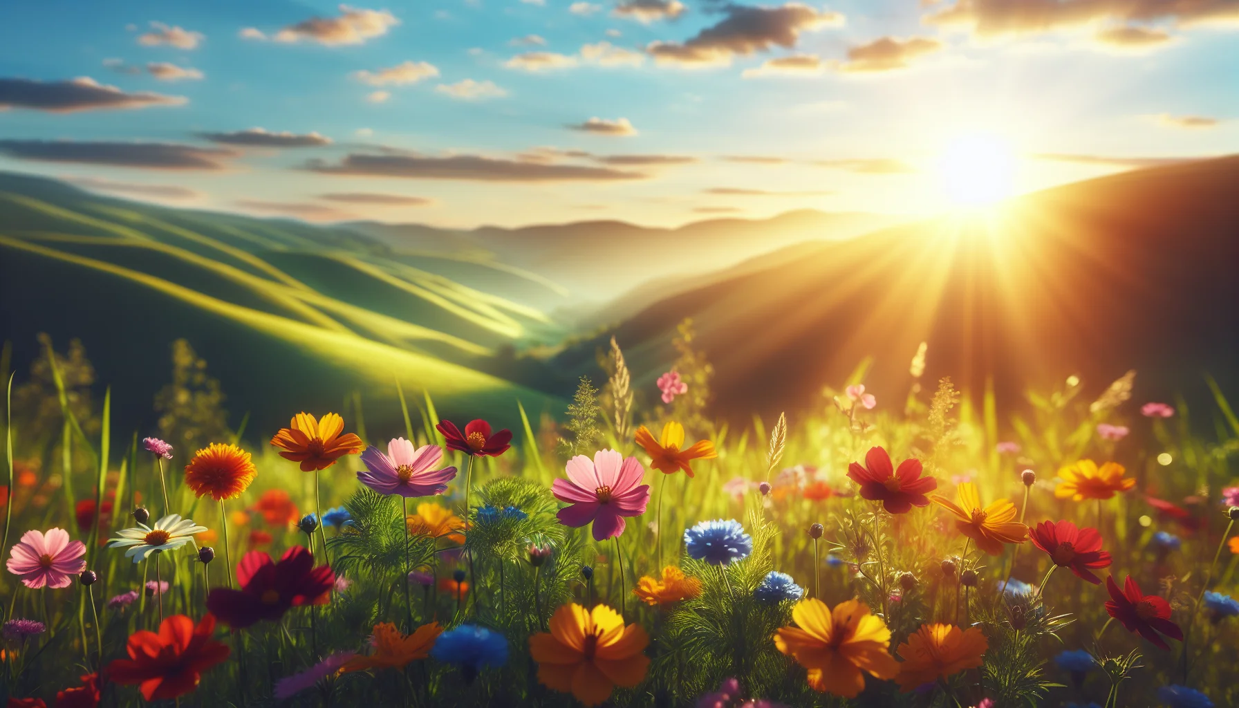 Fleurs sauvages color&eacute;es dans une prairie ensoleill&eacute;e