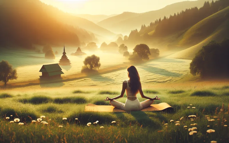 Personne pratiquant le yoga dans une prairie paisible au lever du soleil, bien-&ecirc;tre naturel