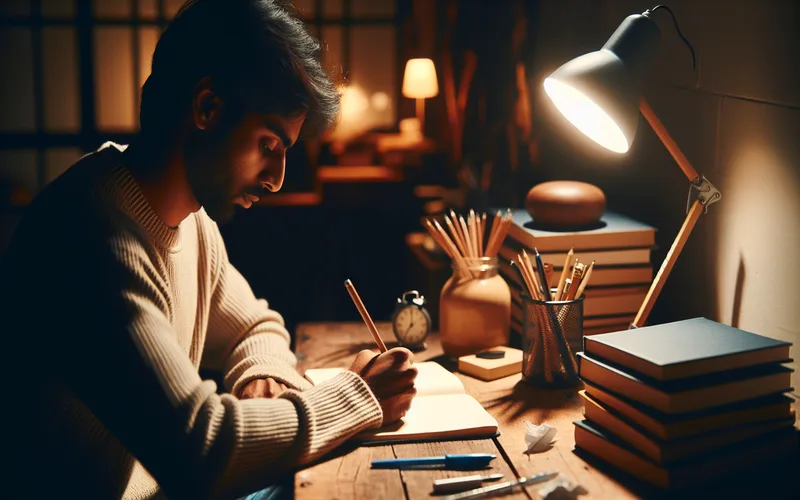 Personne &eacute;crivant dans un journal de pens&eacute;es &agrave; un bureau chaleureux, exercice de TCC