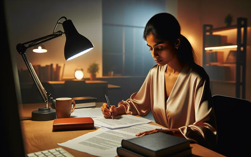 Personne &agrave; son bureau avec documents et caf&eacute;, lumi&egrave;re chaleureuse, sentiment de ma&icirc;trise de ses droits
